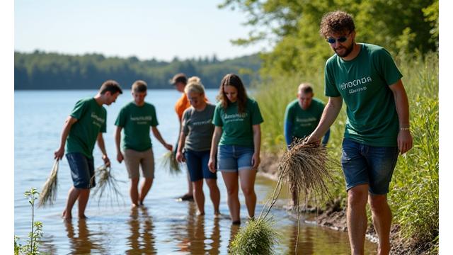 Volunteers cleaning up a Kingston lakeside shore, representing environmental conservation efforts.