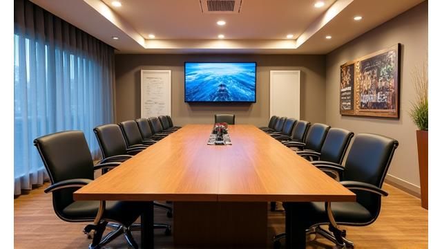 A modern meeting room with a large table, chairs, and fishing themed decor, used for tournament planning.