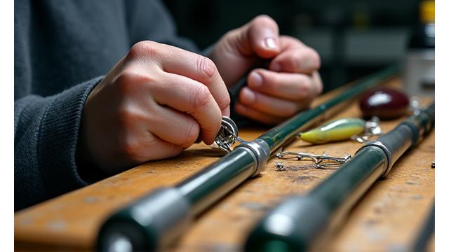 A close-up of a fishing rod being repaired on a workbench in Anaconda Angling's repair facility.
