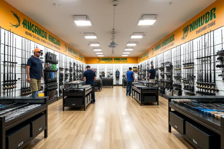 Interior view of Anaconda Angling's showroom, showcasing a wide selection of fishing gear displayed neatly.