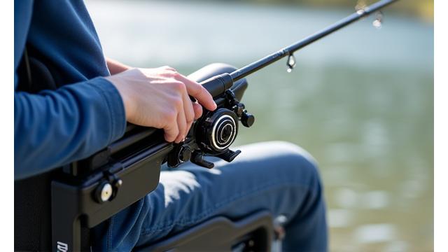 Adaptive fishing rod holder mounted to a wheelchair, showcasing hands-free fishing technology.