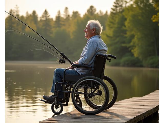 An angler in a wheelchair fishing from an accessible dock, smiling and holding a fishing rod, with a beautiful lake and forest in the background. Illustrates accessible and inclusive fishing.