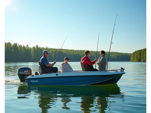 A customized fishing boat with a ramp for wheelchair access, on a calm lake with a family fishing, including an angler in a wheelchair, illustrating an inclusive fishing tour.