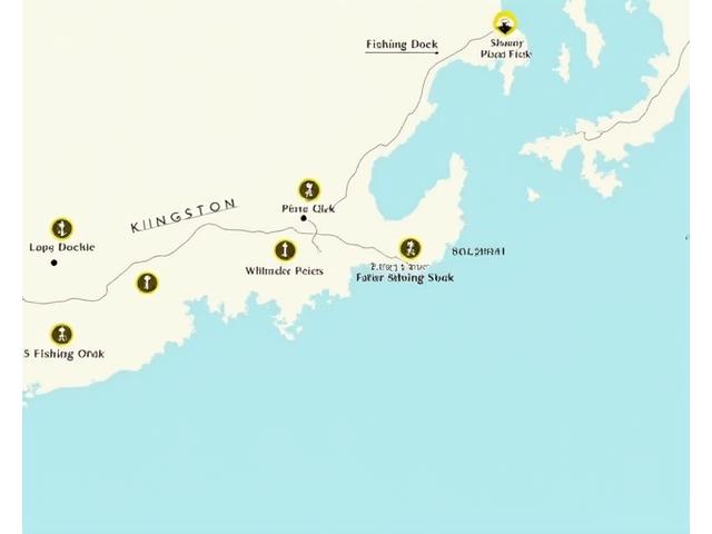 An illustrative map of Kingston, Ontario, highlighting accessible fishing docks and spots with wheelchair icons and clear pathways to the water.