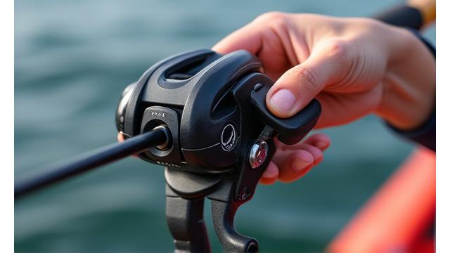 A close-up of a specialized fishing reel designed for one-handed operation, with oversized grips and a lever system.