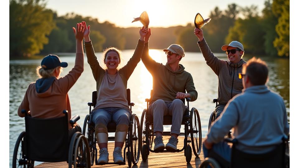 A diverse group of anglers, some with visible disabilities, proudly displaying their fish catches at an accessible fishing event, all smiling and celebrating together.
