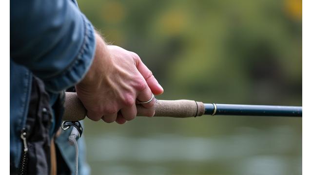 A visually impaired angler using a fishing rod equipped with a tactile bite indicator, hands feeling for vibrations.