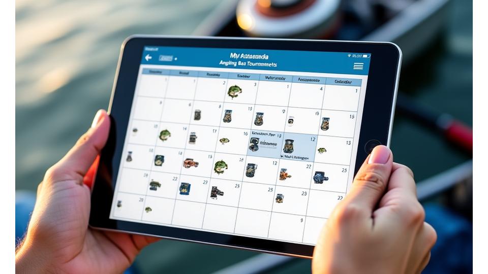 Interactive calendar showing upcoming bass fishing tournaments with dates and locations around Kingston.