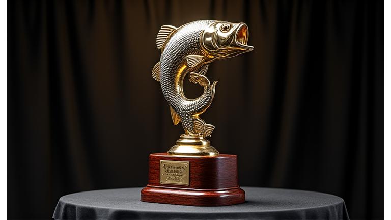 Shining Anaconda Angling Bass Tournament Championship Trophy on a display stand.