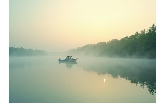 Tranquil image of Lake Cadaraqui at dawn, with mist rising off the water and a lone fishing boat.