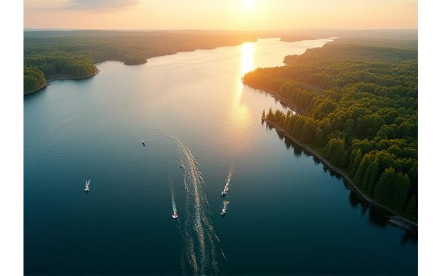 Scenic aerial view of Lake Ontario shoreline used for bass fishing tournaments, showing boats and clear water.
