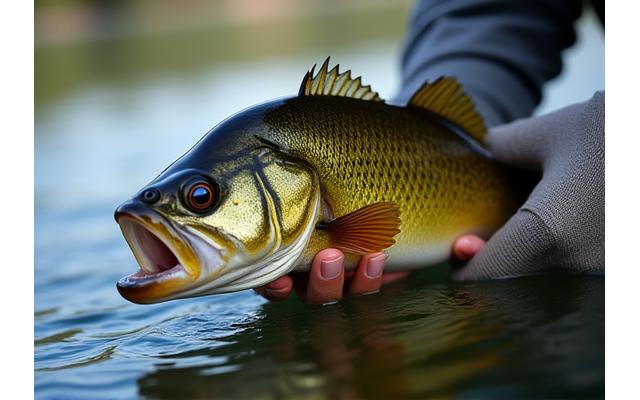 Close-up photo of a majestic bass being released back into the water by a tournament angler.