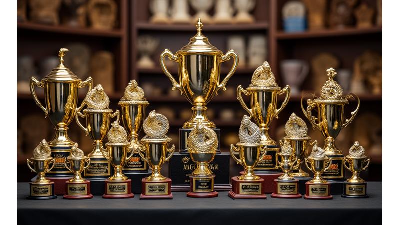 Display of various trophies and plaques for bass fishing tournament winners, including a large 'Angler of the Year' award.