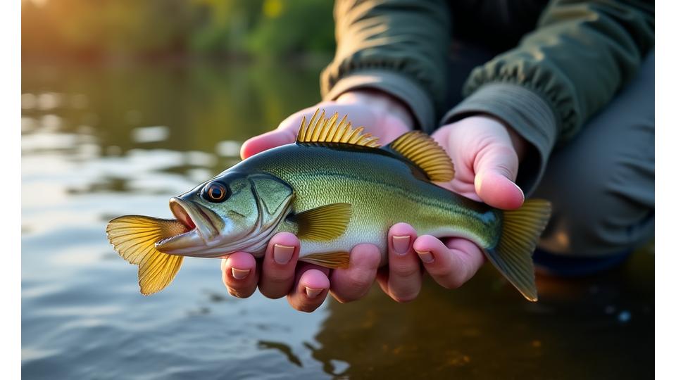 Angler gently releasing a bass back into water