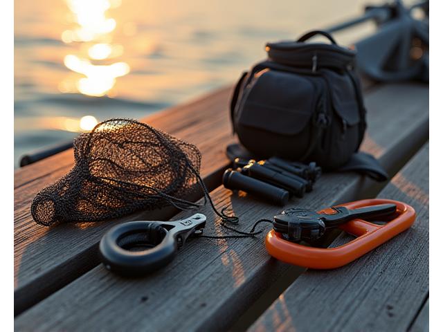 Various essential fishing accessories like a net, pliers, and a tackle bag on a dock.