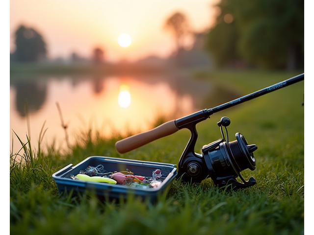 Beginner's fishing kit with a simple rod, reel, and small tackle box on a serene lake background.