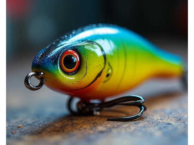 Close-up of a custom-painted fishing lure, intricate details visible.