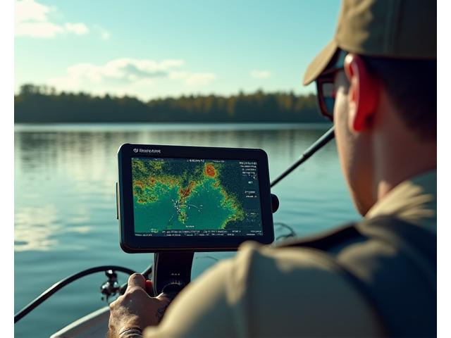  angler examining a modern fish finder screen on a boat, showing underwater terrain and fish targets.
