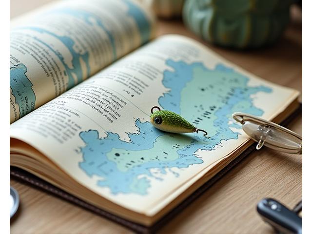 Open fishing guide book next to a map of a lake, with a fishing lure resting on top.