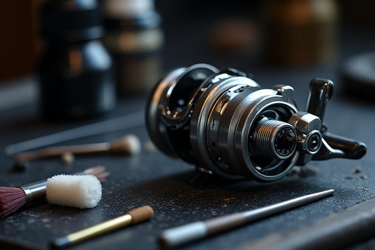 A fishing reel partially disassembled with cleaning tools and lubricants, indicating maintenance.
