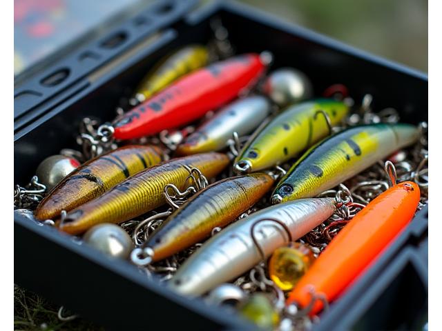 Close-up of a tackle box overflowing with various lures, hooks, and weights.