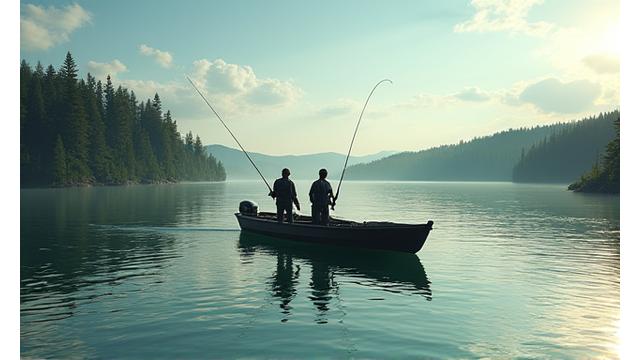 Two anglers on a boat against a scenic lake backdrop during a full-day tour