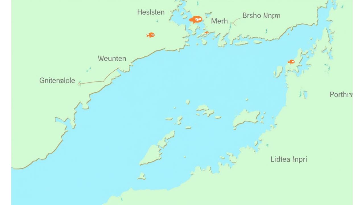 A detailed map of Kingston, Ontario, highlighting key fishing locations on Lake Ontario and the St. Lawrence River with fish icons