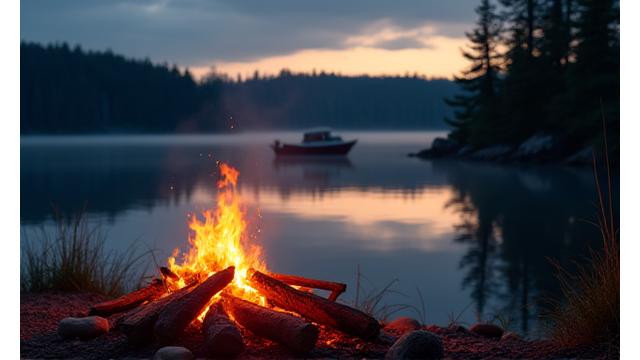 Campfire by a lake at dusk, symbolizing a multi-day fishing trip