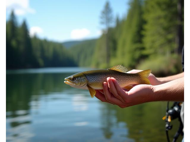 Angler releasing a fish in a pristine lake, showcasing eco-conscious fishing