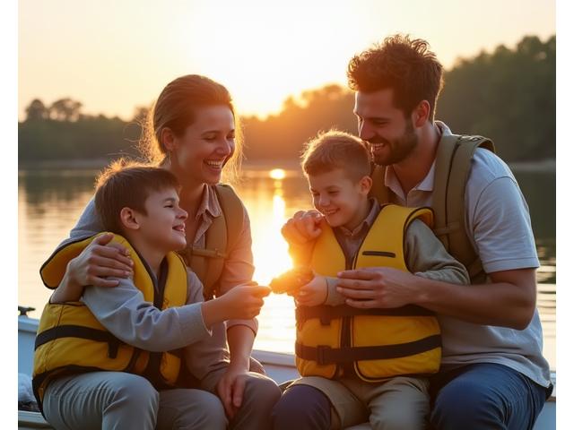 Family fishing together on a sunny day