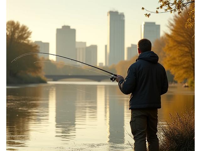 City skyline with an angler casting a line into a river in the foreground