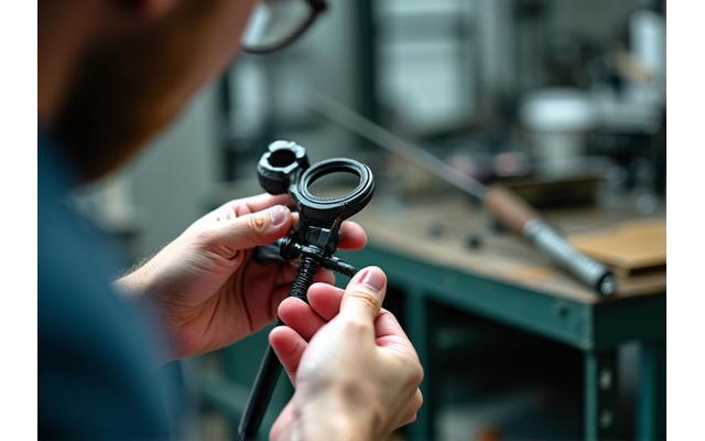 Technician examining a fishing rod with a magnifying glass, focusing on a small detail.