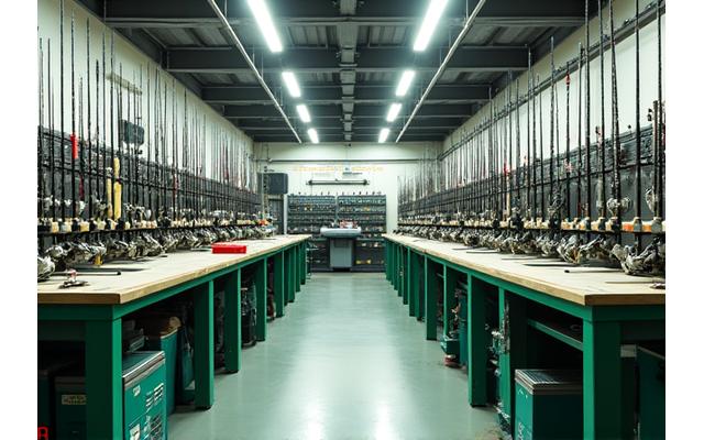 Interior of a clean, well-lit fishing equipment repair workshop with tools neatly organized.