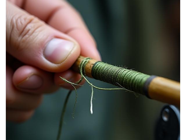 Close-up of a fishing rod receiving a new guide with intricate wrapping.