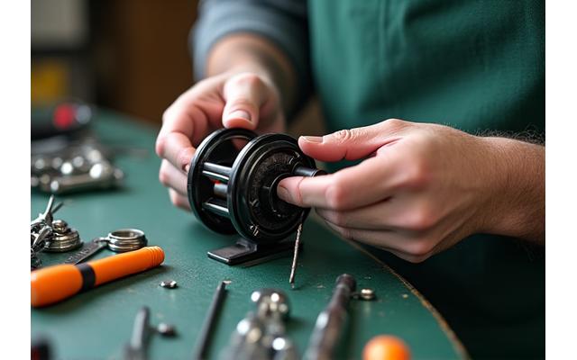 Close-up of a skilled technician meticulously repairing a fishing reel with specialized tools in a bright workshop.