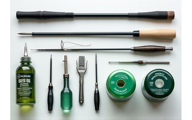 A collection of fishing rod and reel maintenance tools and cleaning supplies on a workbench.