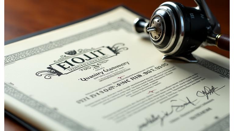 A certificate of quality displayed next to a perfectly repaired fishing rod.