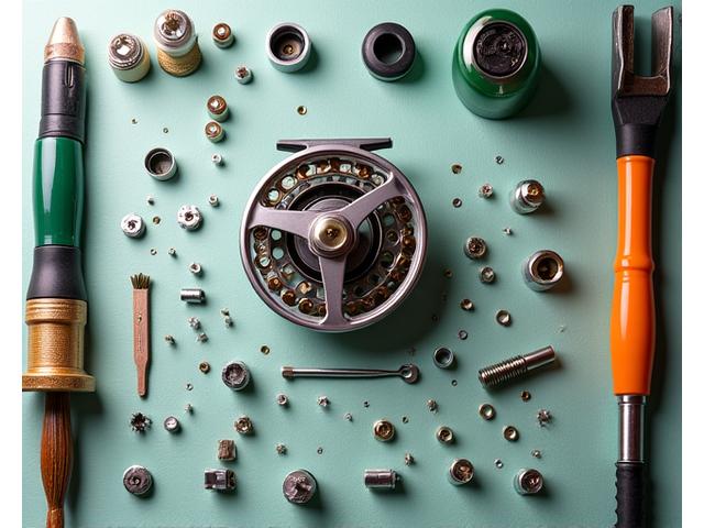 Disassembled fishing reel components laid out for cleaning and lubrication.