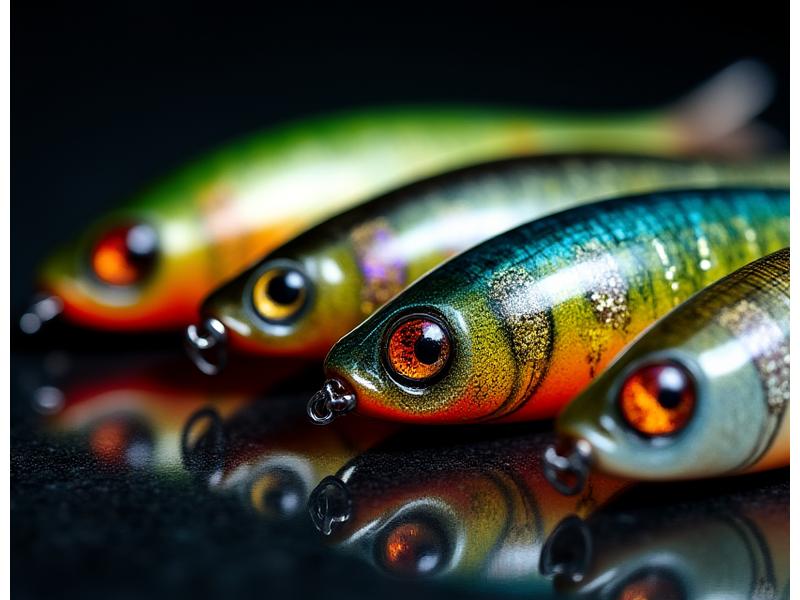 Array of exquisitely hand-painted custom fishing lures, each with unique patterns and colors, laid out on a dark surface.