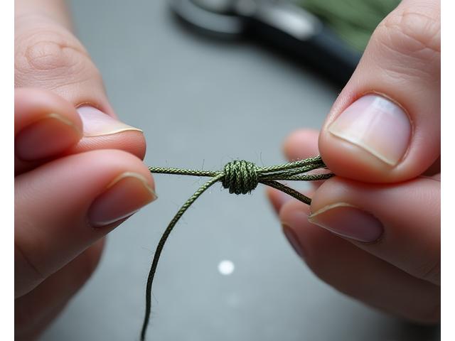 Close-up of fishing line and leader being meticulously tied, showing different materials and knots.
