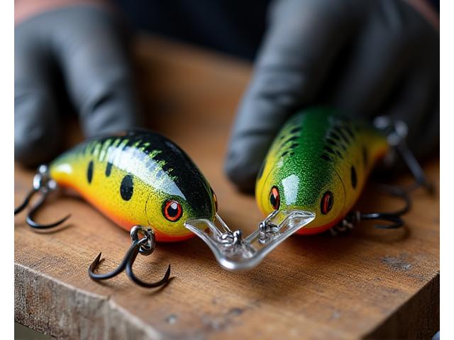 Customized fishing lure with intricate details and vibrant colors, before and after modifications.