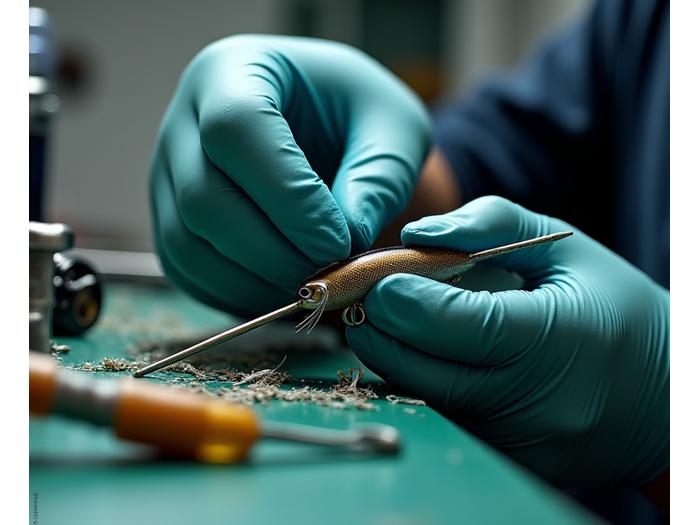 Close-up of a skilled hand inspecting customized fishing tackle with precision tools, highlighting craftsmanship.