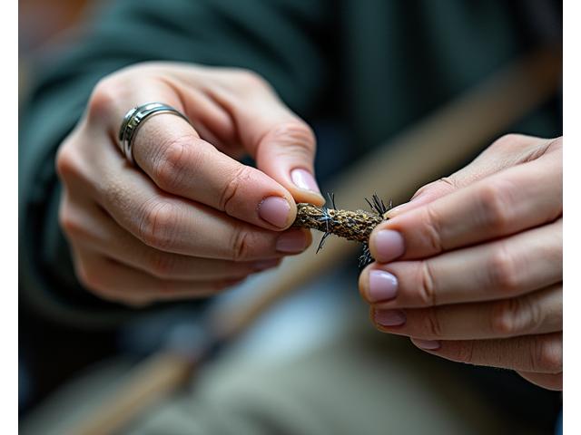 A detailed shot of a skilled hand repairing a fishing rod, emphasizing precision and quality service.