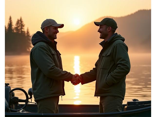 A guide and a client shaking hands on a boat with a scenic lake in the background, symbolizing a clear booking agreement.
