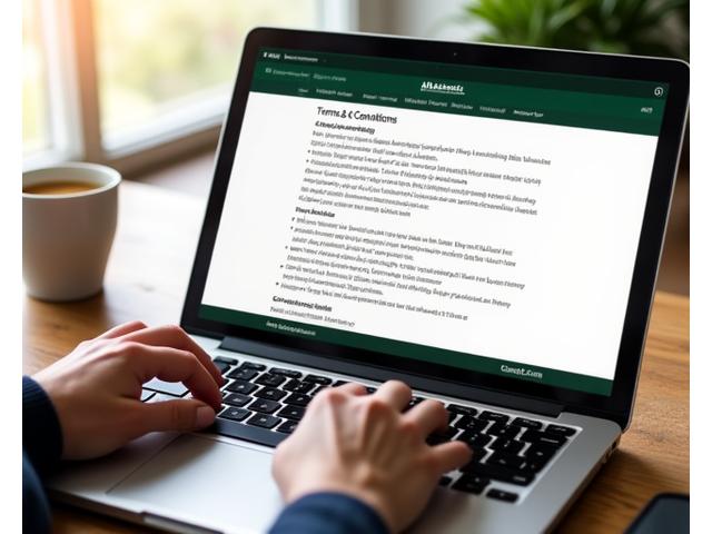 A person using a laptop with a fishing-themed website open, representing online terms and privacy.
