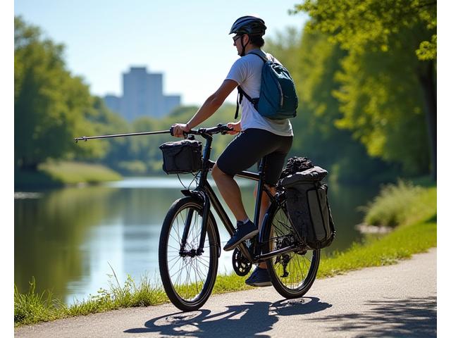 An angler with a backpack and a compact fishing rod attached to a bicycle, cycling along an urban trail.