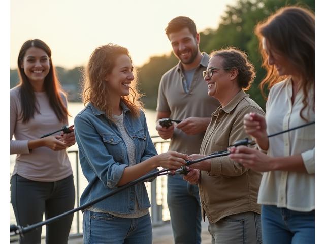 A small group of diverse anglers fishing together along an urban waterfront, laughing and sharing.