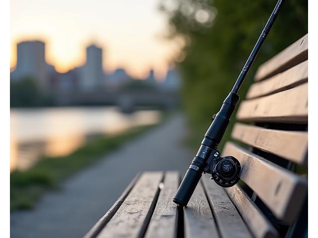 Telescoping fishing rod extended for use near a scenic urban waterway.