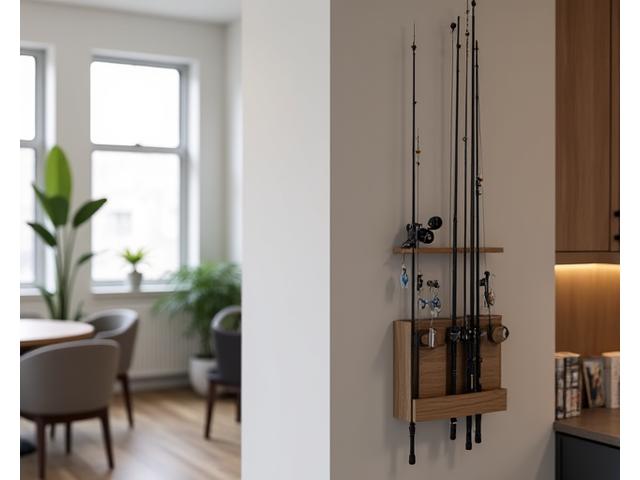 A neat apartment wall organization system featuring a compactly stored fishing rod, tackle box, and fishing accessories, blending into the decor.