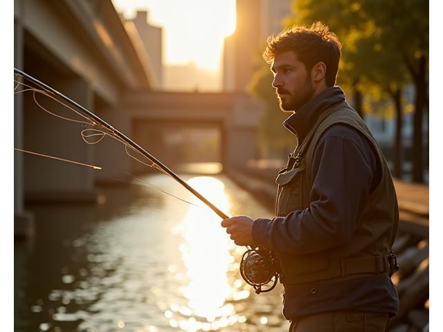 An angler demonstrating a stealthy casting technique near an urban bridge, adapting to the city environment.